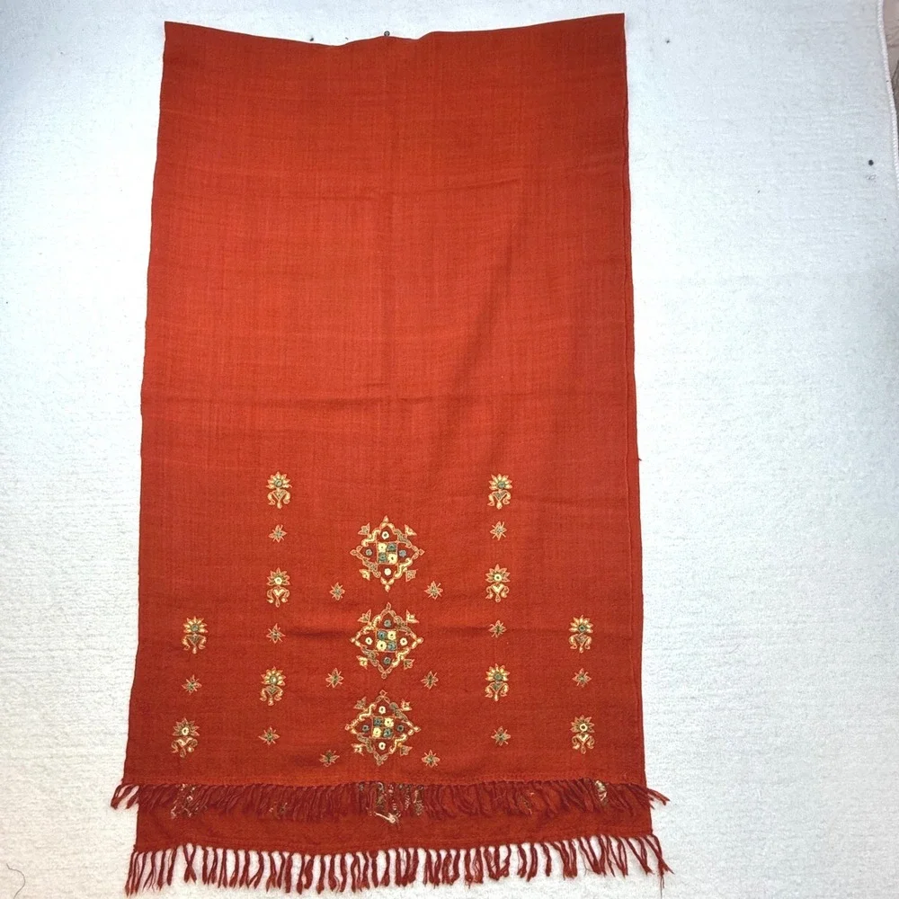 Rust Red Embroidered Floral Fringed table runner Scarf Wrap Boho Artisan folk